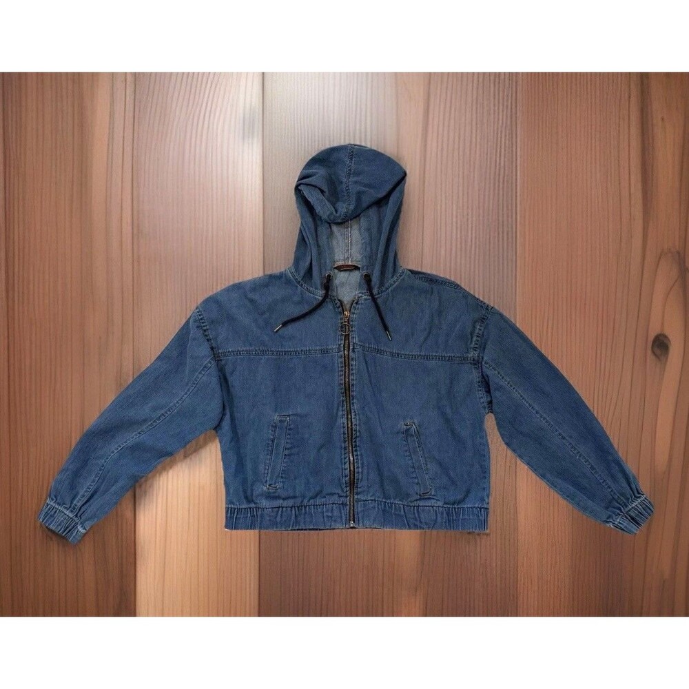 Excuse Denim Teen Junior Crop Hoodie Jacket Medium Blue Wash Size Large Zipped